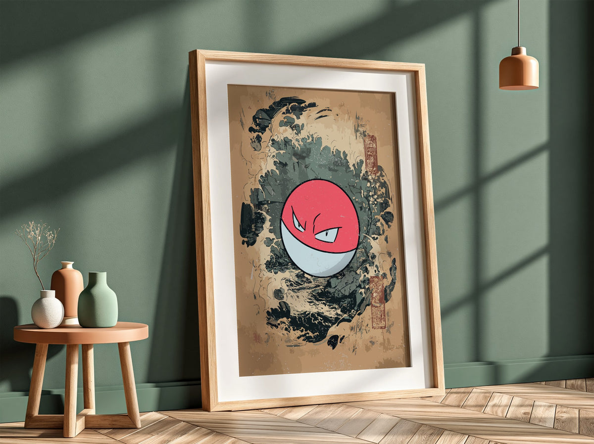 Poster featuring Voltorb with red and white colors, Japanese wave style background in blue and earth tones