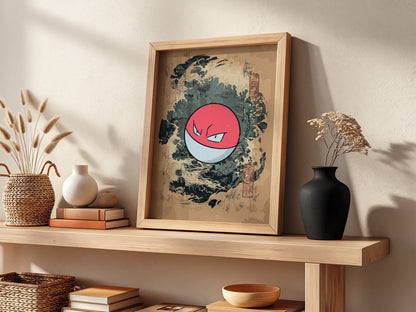 Poster featuring Voltorb with red and white colors, Japanese wave style background in blue and earth tones