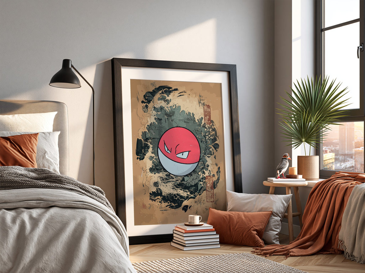 Poster featuring Voltorb with red and white colors, Japanese wave style background in blue and earth tones