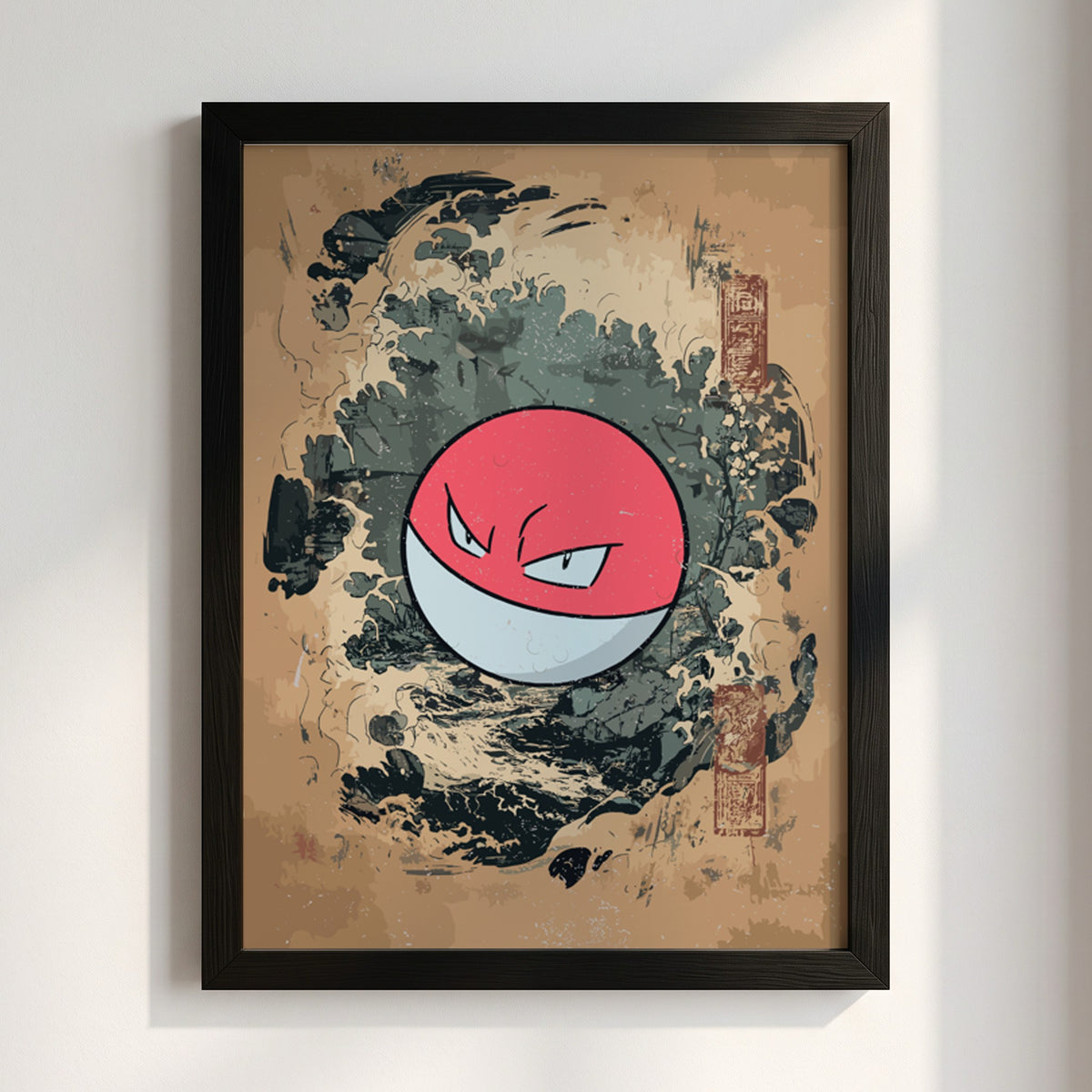 Poster featuring Voltorb with red and white colors, Japanese wave style background in blue and earth tones