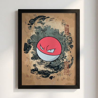 Poster featuring Voltorb with red and white colors, Japanese wave style background in blue and earth tones