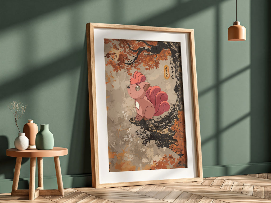 Poster wall decor featuring Vulpix in warm autumn colors with detailed leafy tree branch