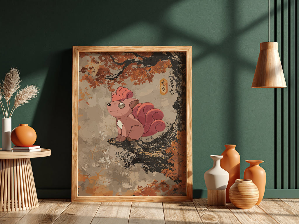 Poster wall decor featuring Vulpix in warm autumn colors with detailed leafy tree branch