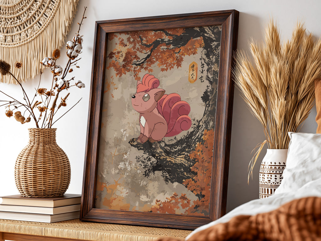 Poster wall decor featuring Vulpix in warm autumn colors with detailed leafy tree branch