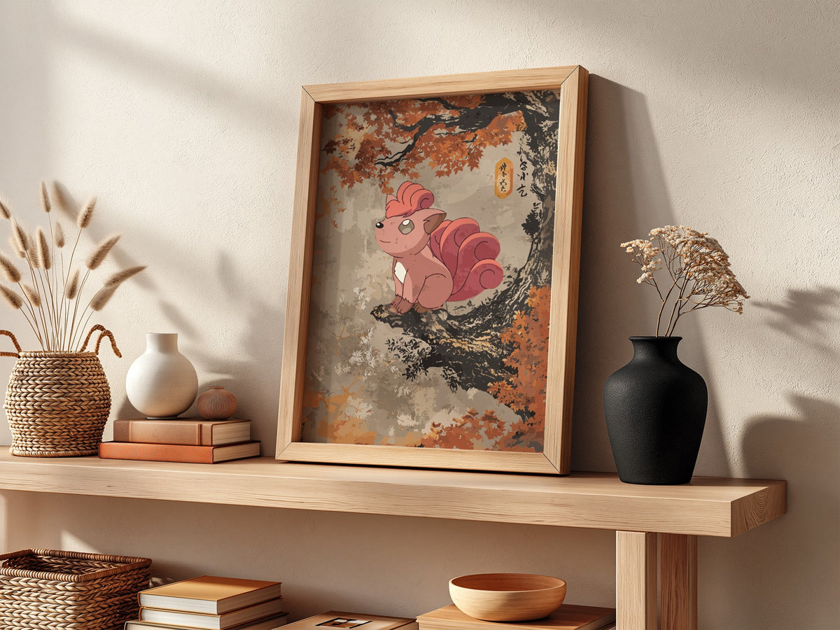 Poster wall decor featuring Vulpix in warm autumn colors with detailed leafy tree branch
