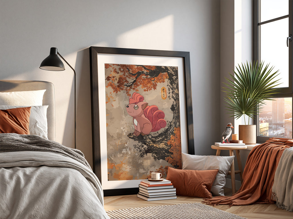 Poster wall decor featuring Vulpix in warm autumn colors with detailed leafy tree branch