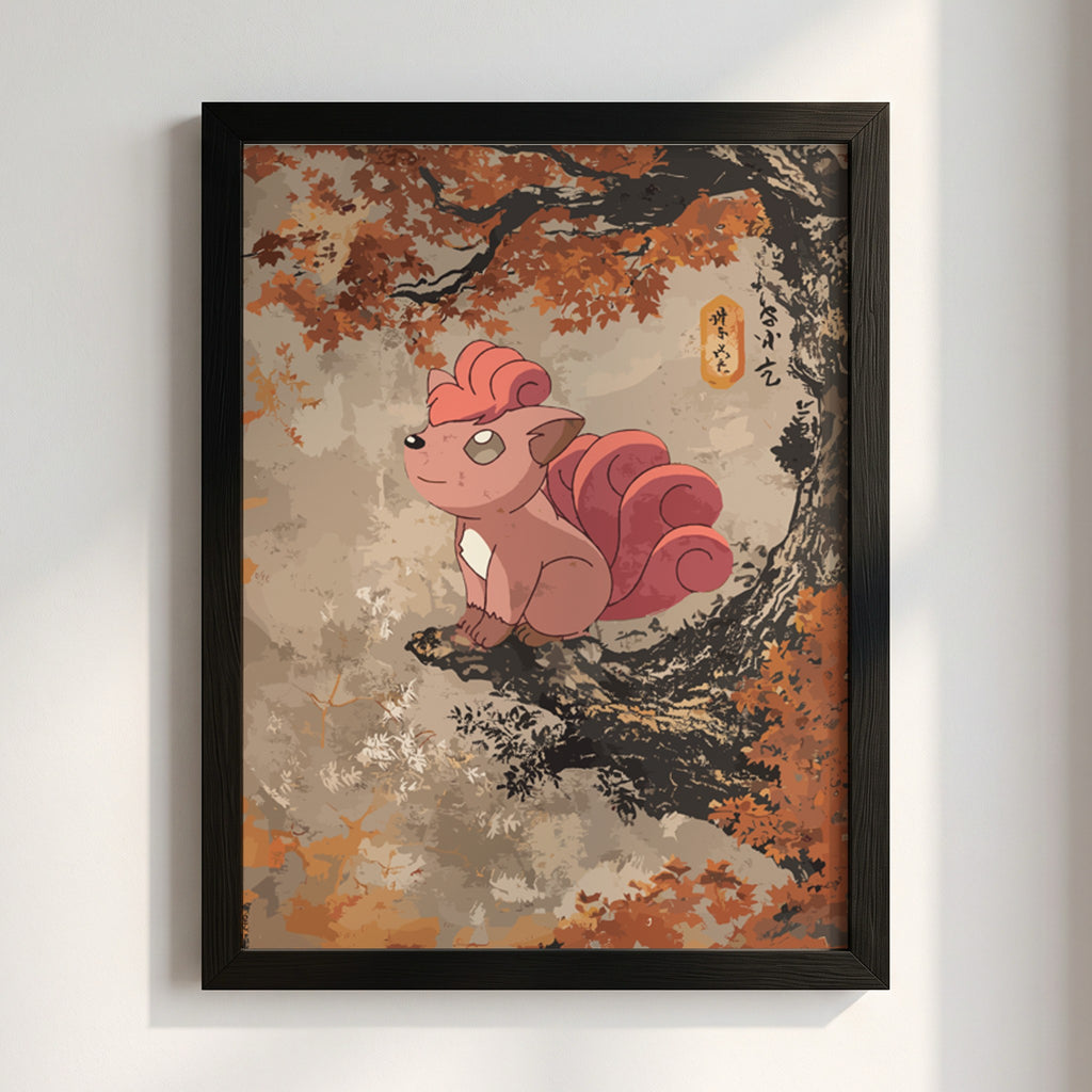 Poster wall decor featuring Vulpix in warm autumn colors with detailed leafy tree branch