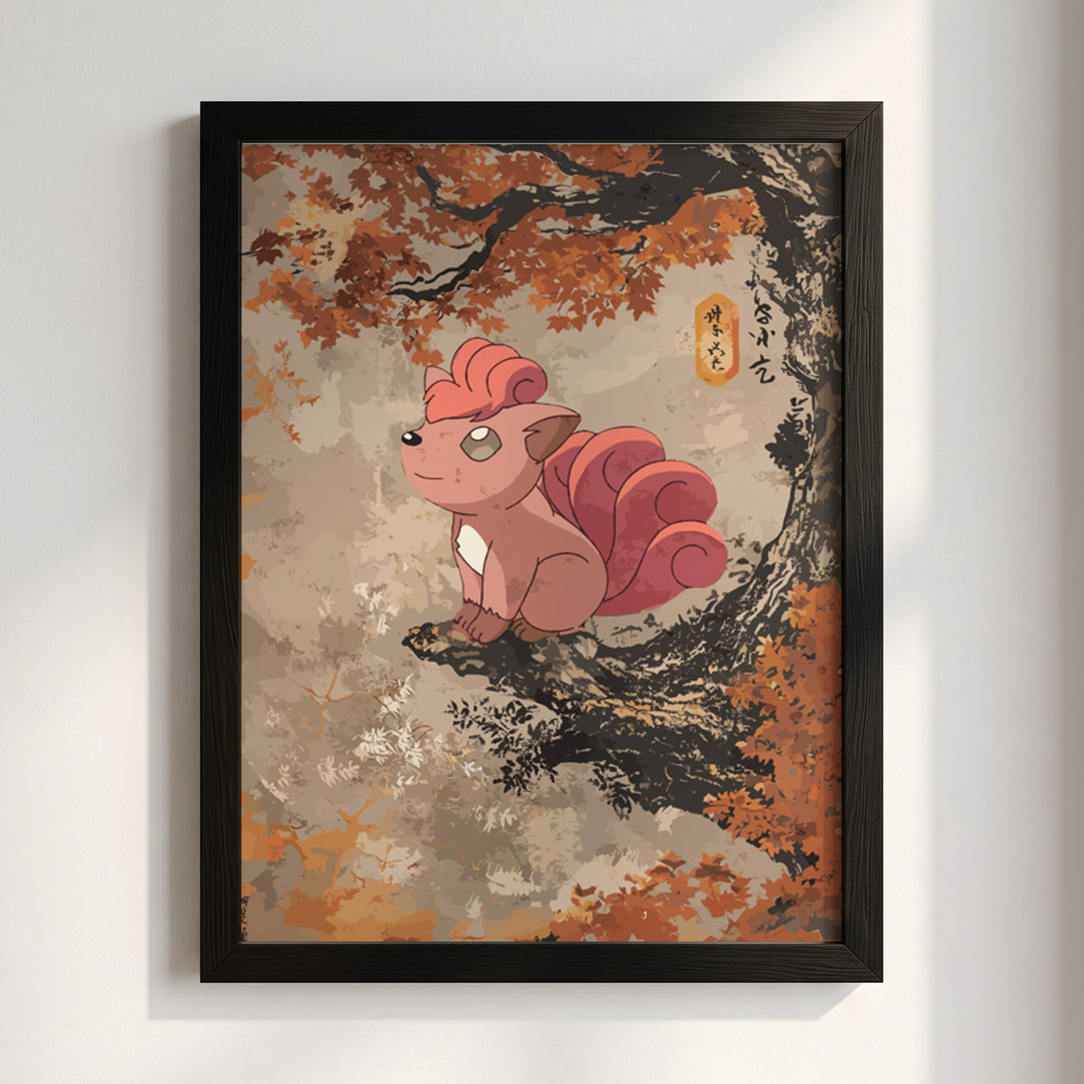 Poster wall decor featuring Vulpix in warm autumn colors with detailed leafy tree branch