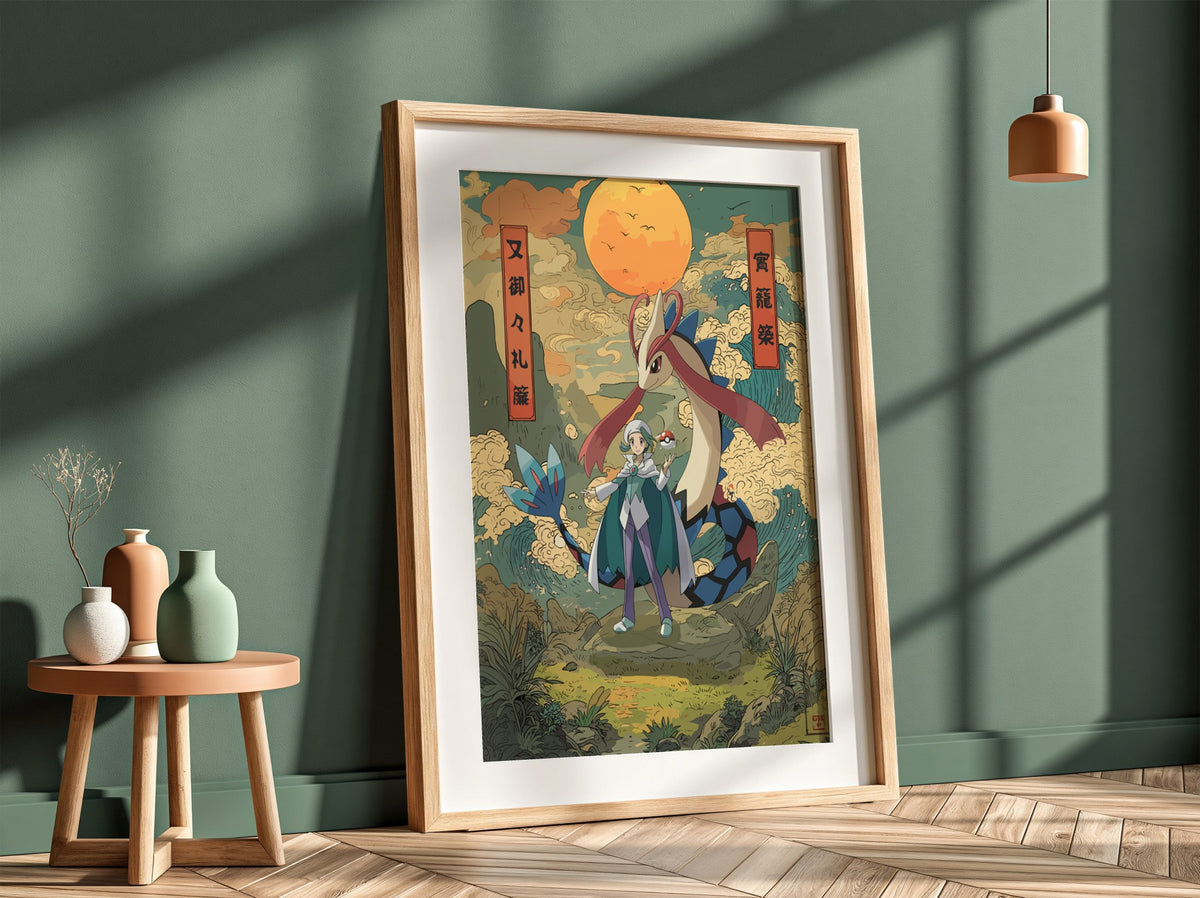 Milotic and Wallace poster in Japanese ukiyo-e style with warm earth tones and glowing orange sun