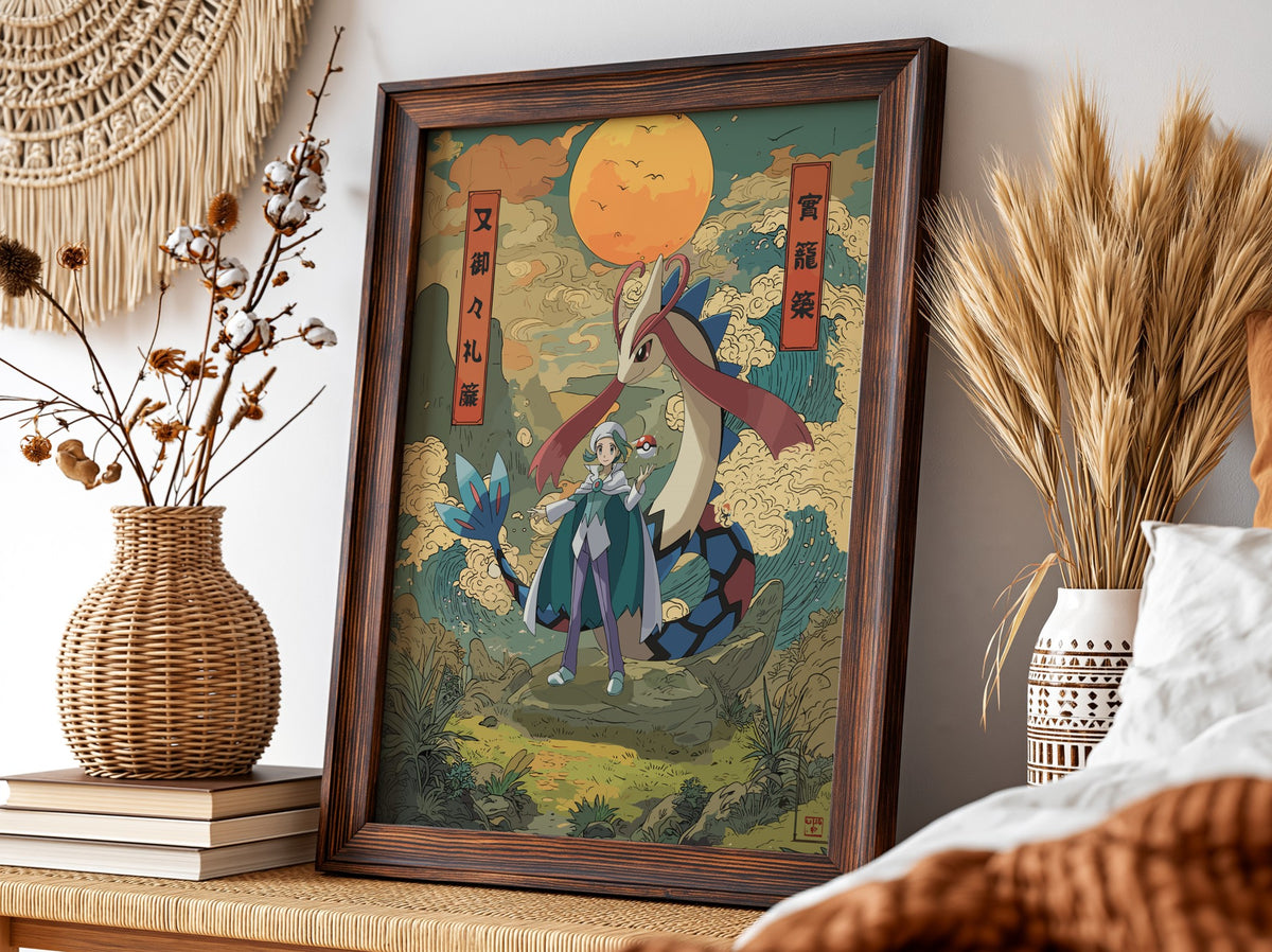 Milotic and Wallace poster in Japanese ukiyo-e style with warm earth tones and glowing orange sun