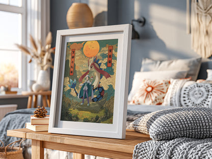 Milotic and Wallace poster in Japanese ukiyo-e style with warm earth tones and glowing orange sun