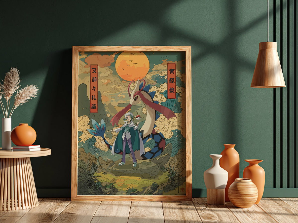 Milotic and Wallace poster in Japanese ukiyo-e style with warm earth tones and glowing orange sun
