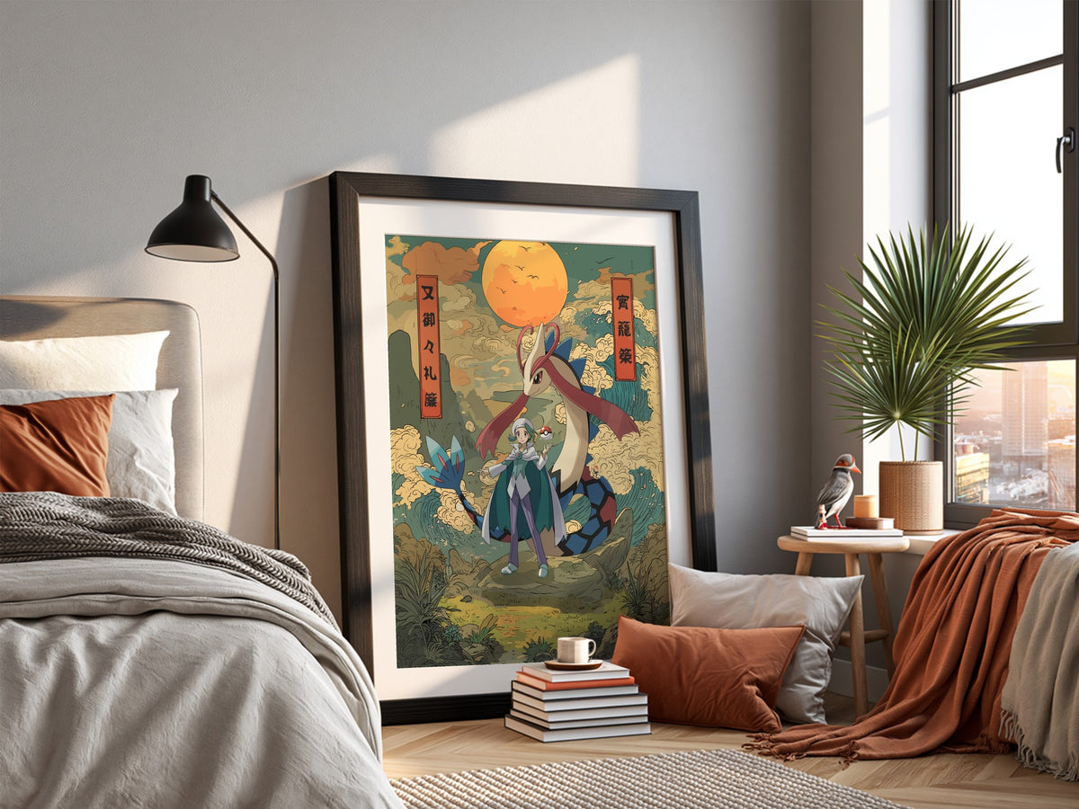 Milotic and Wallace poster in Japanese ukiyo-e style with warm earth tones and glowing orange sun