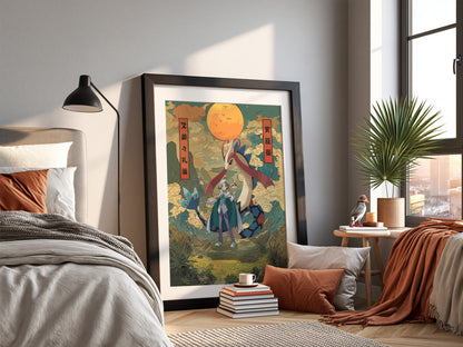 Milotic and Wallace poster in Japanese ukiyo-e style with warm earth tones and glowing orange sun