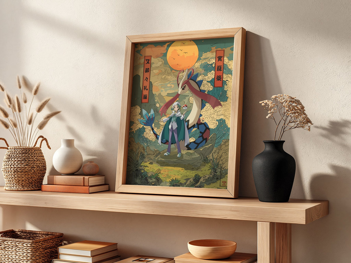 Milotic and Wallace poster in Japanese ukiyo-e style with warm earth tones and glowing orange sun