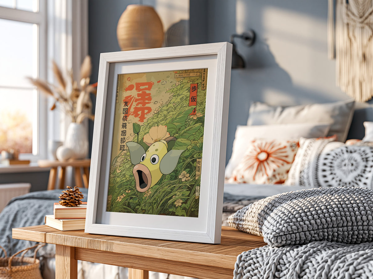 Botanical poster featuring Weepinbell in Japanese style with green leaves, yellow flower, and red calligraphy