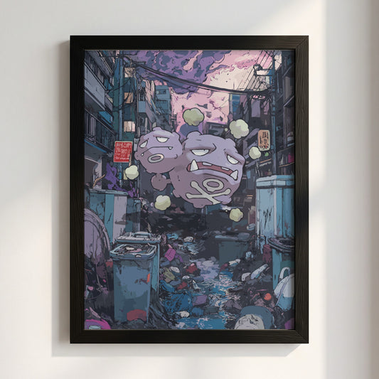 Poster of Weezing character in purple and blue urban alley with anime style and smoky atmosphere