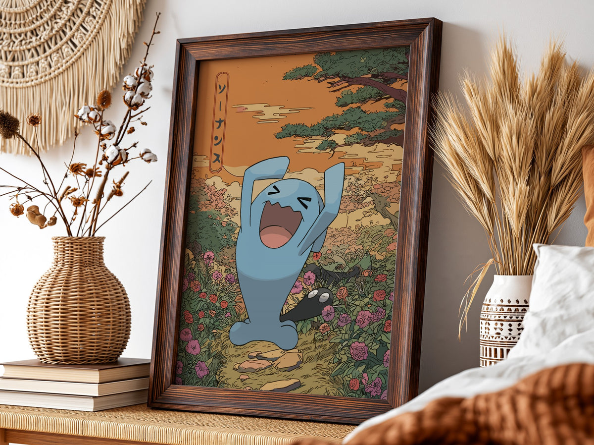 Framed wall decor featuring blue Wobbuffet character with arms raised, orange sky, floral and natural
