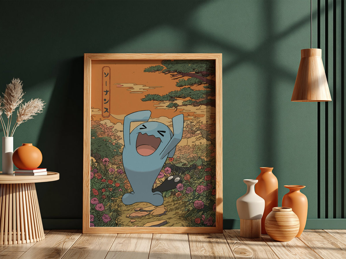 Framed wall decor featuring blue Wobbuffet character with arms raised, orange sky, floral and natural
