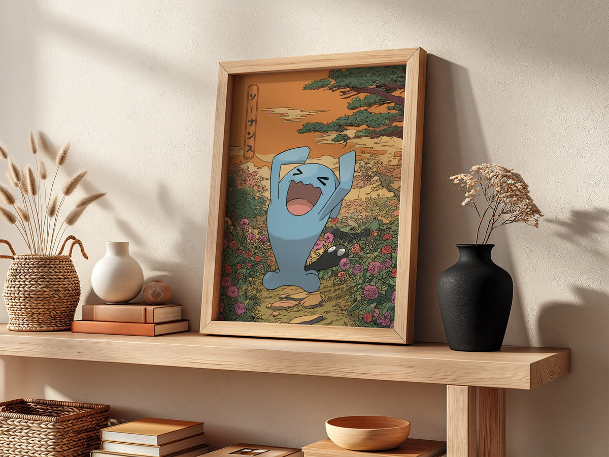Framed wall decor featuring blue Wobbuffet character with arms raised, orange sky, floral and natural