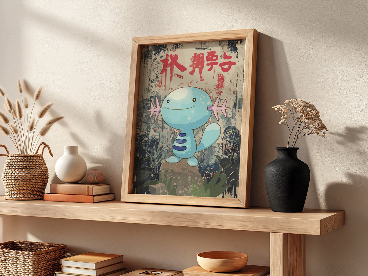 Framed Wooper cartoon poster with blue character and red Japanese text in muted earthy background