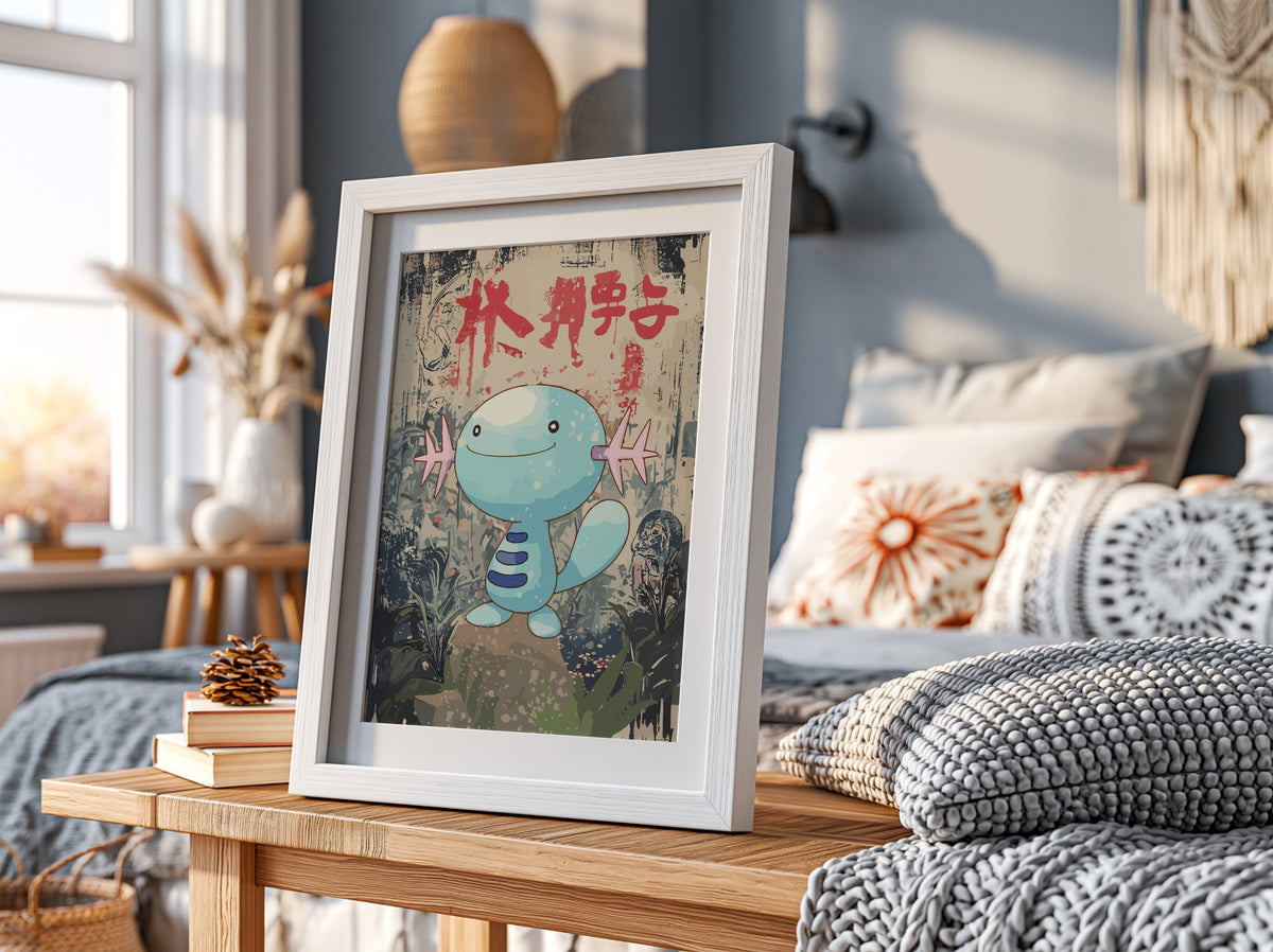 Framed Wooper cartoon poster with blue character and red Japanese text in muted earthy background