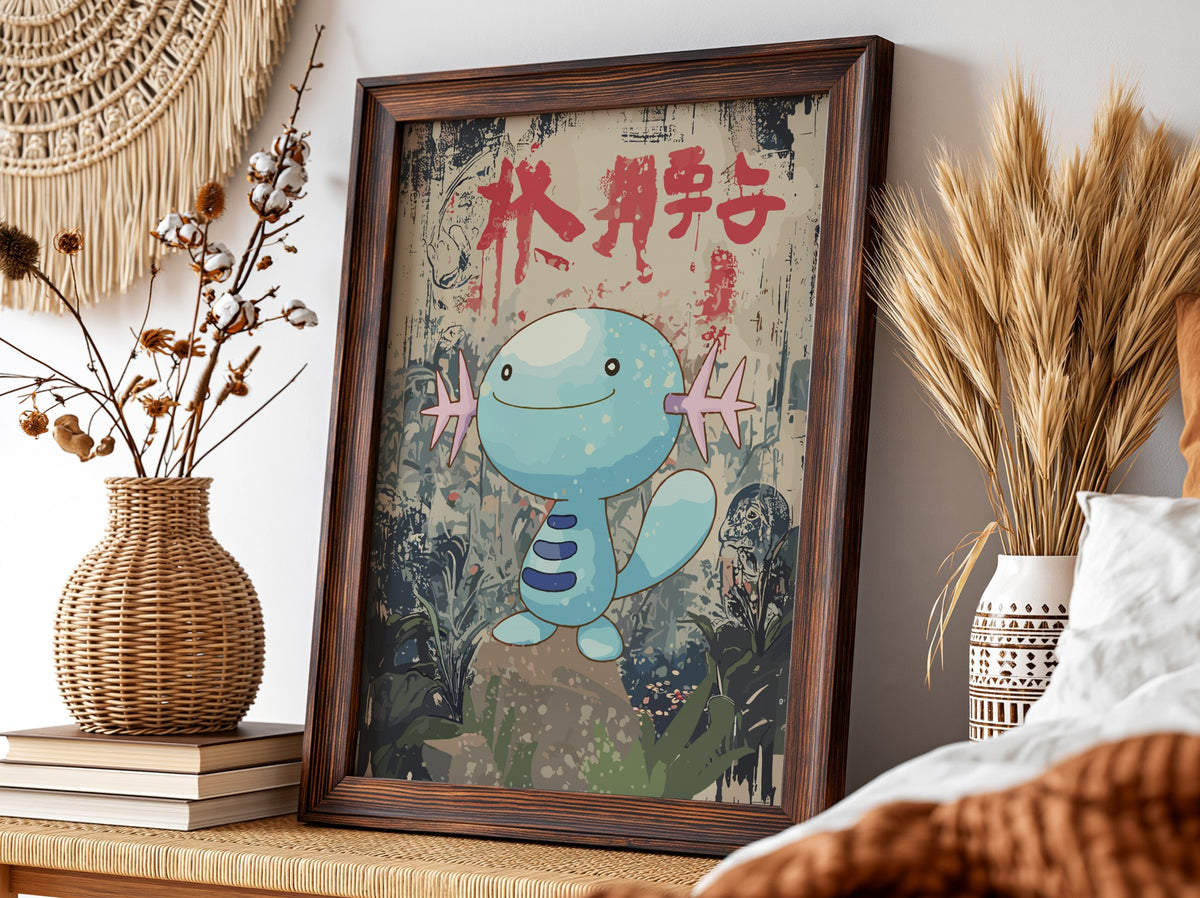 Framed Wooper cartoon poster with blue character and red Japanese text in muted earthy background