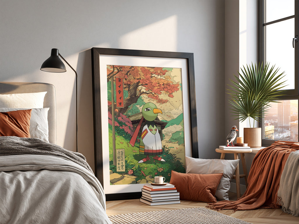 Framed Xatu poster with autumn colors and Japanese art style nature scene