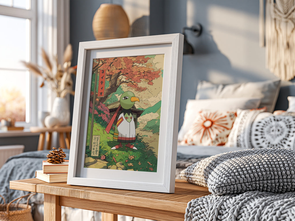 Framed Xatu poster with autumn colors and Japanese art style nature scene