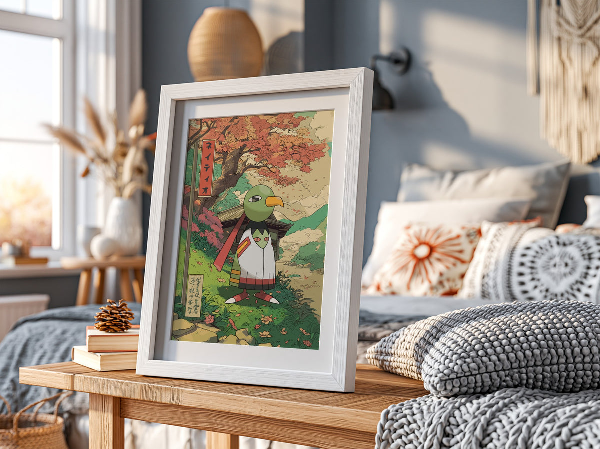 Framed Xatu poster with autumn colors and Japanese art style nature scene