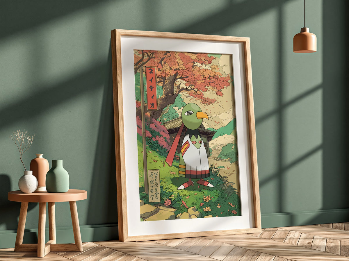 Framed Xatu poster with autumn colors and Japanese art style nature scene