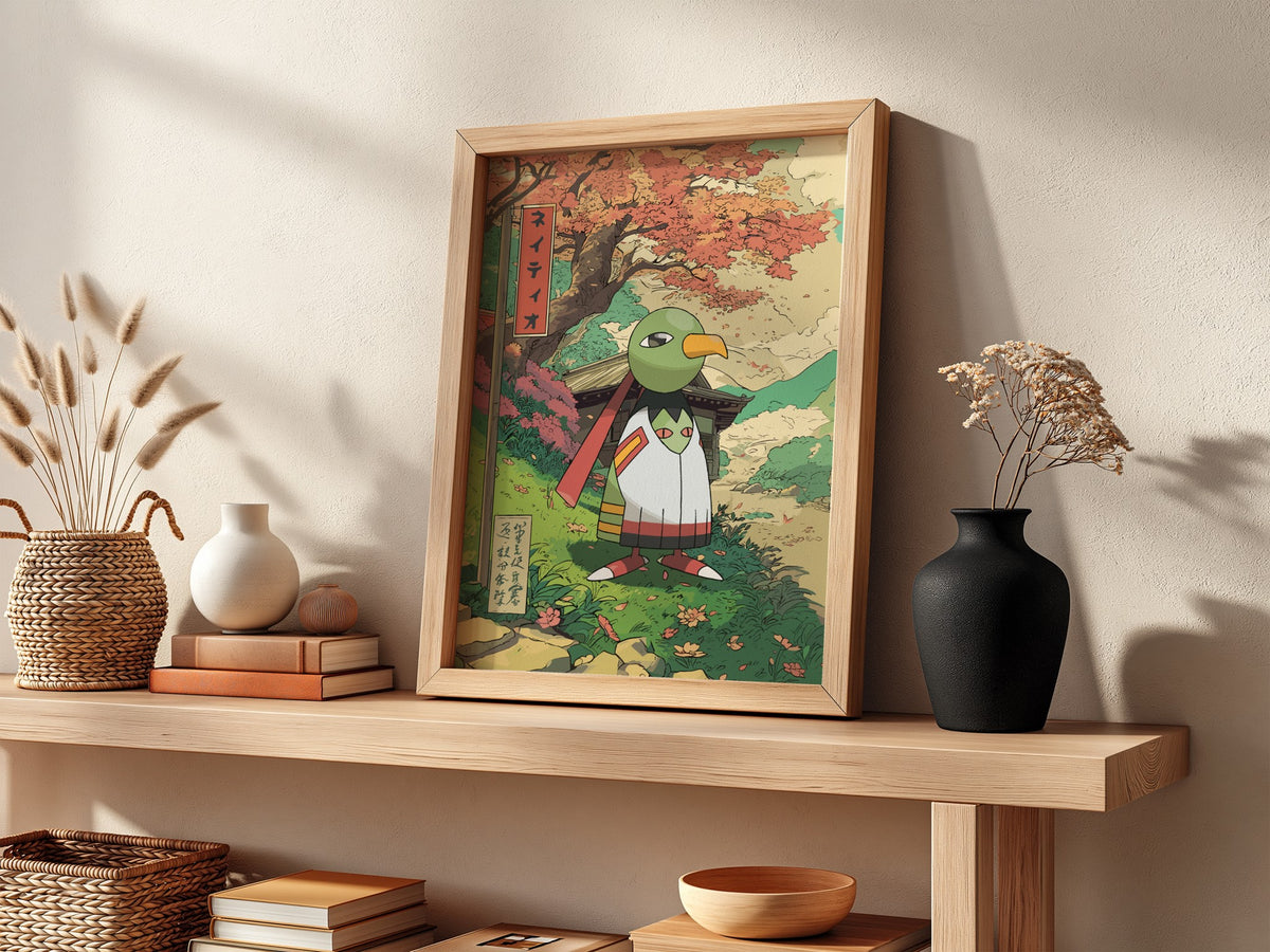 Framed Xatu poster with autumn colors and Japanese art style nature scene