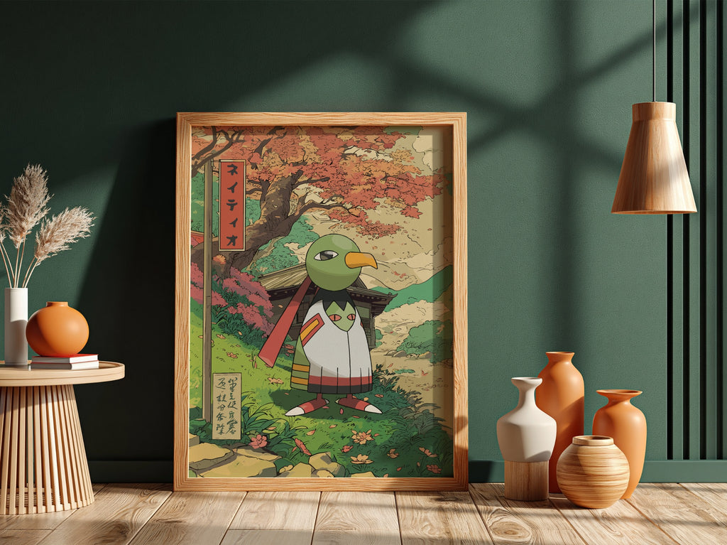 Framed Xatu poster with autumn colors and Japanese art style nature scene