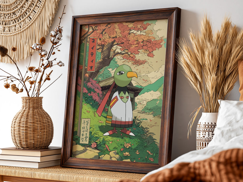 Framed Xatu poster with autumn colors and Japanese art style nature scene