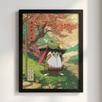 Framed Xatu poster with autumn colors and Japanese art style nature scene