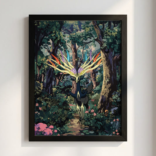Poster of Xerneas with glowing antlers in a dark green forest with pink flowers fantasy style