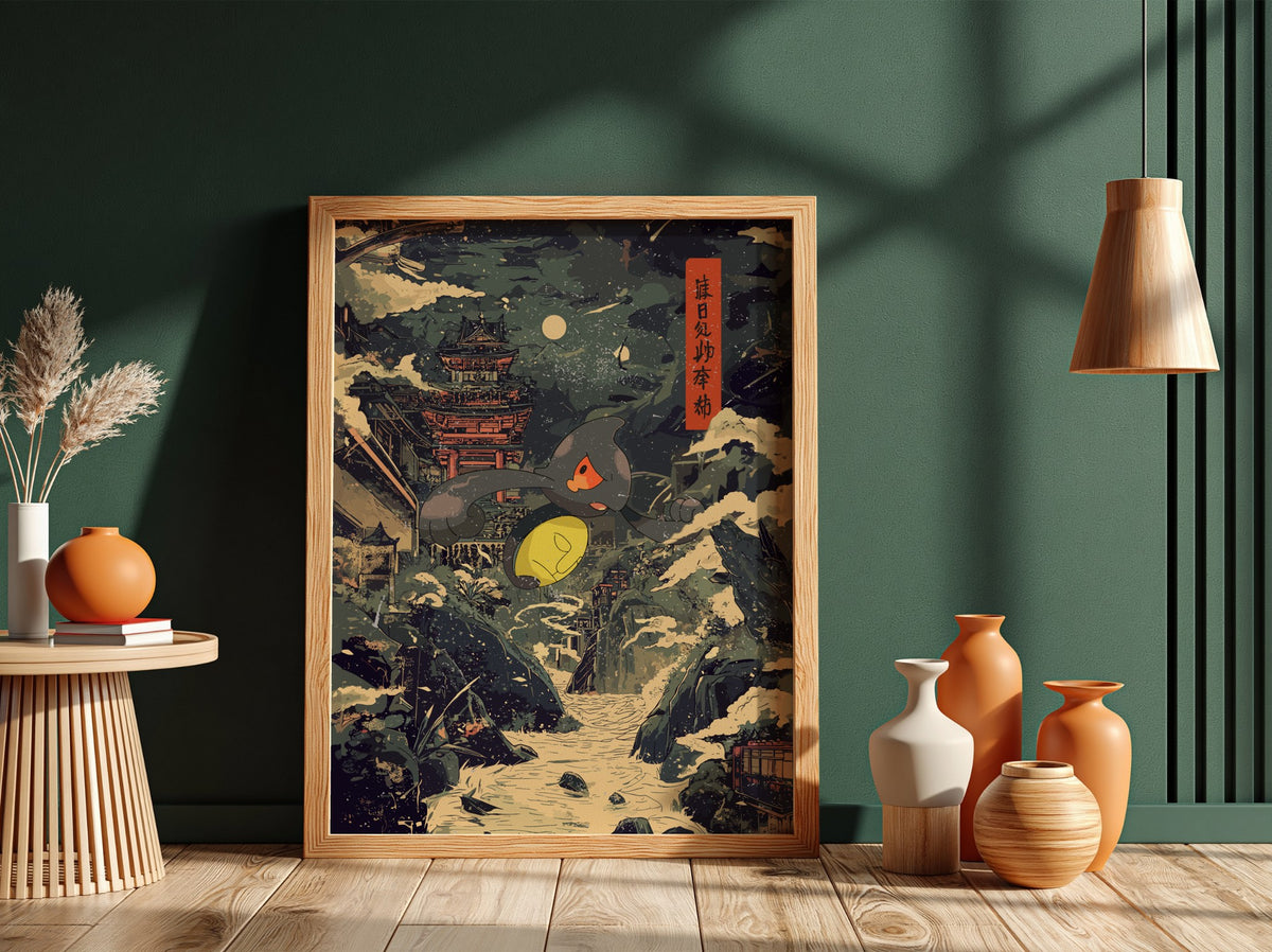 Yamask ukiyo-e style poster with snowy mountain village, moonlit sky, dark blue and cream palette, and