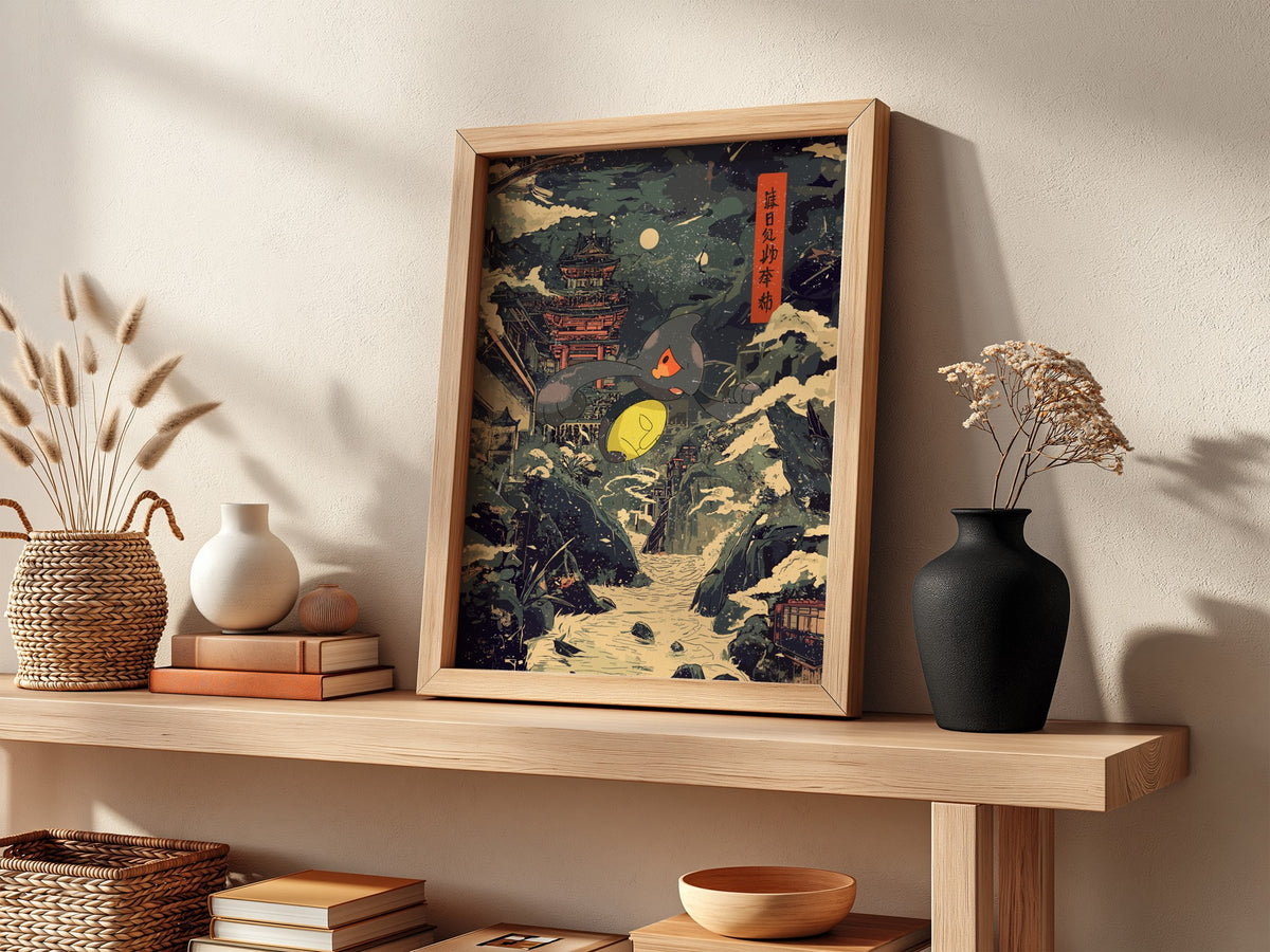 Yamask ukiyo-e style poster with snowy mountain village, moonlit sky, dark blue and cream palette, and