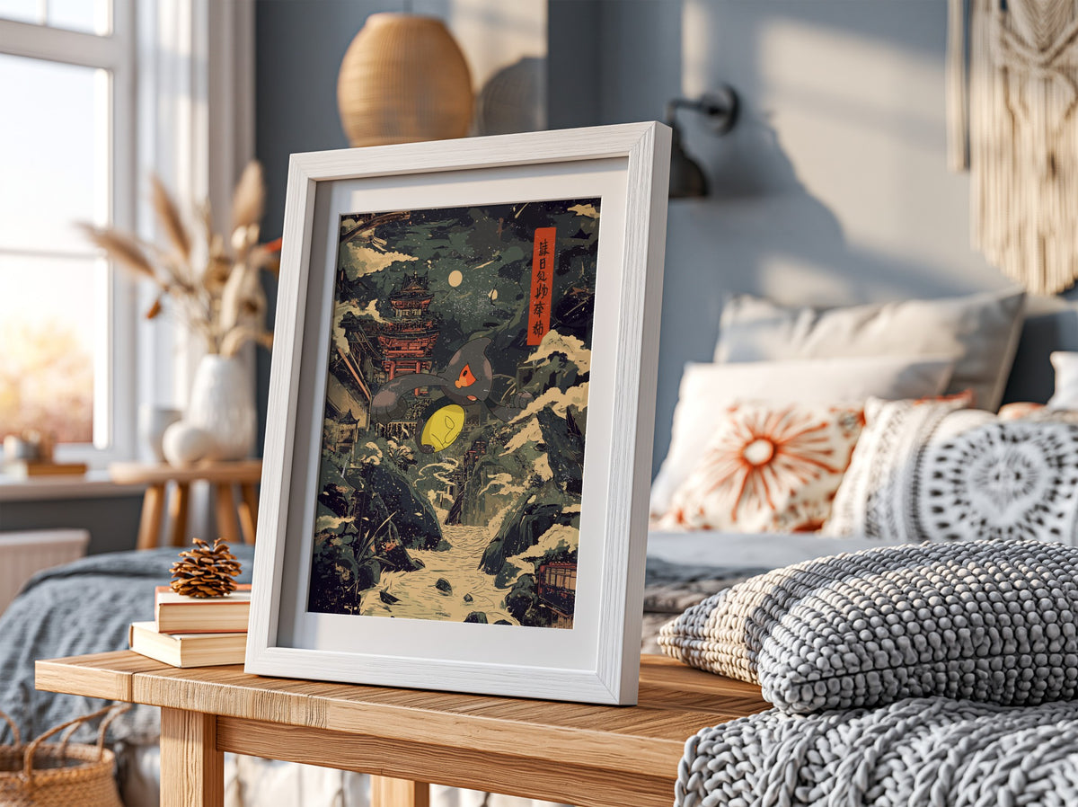 Yamask ukiyo-e style poster with snowy mountain village, moonlit sky, dark blue and cream palette, and