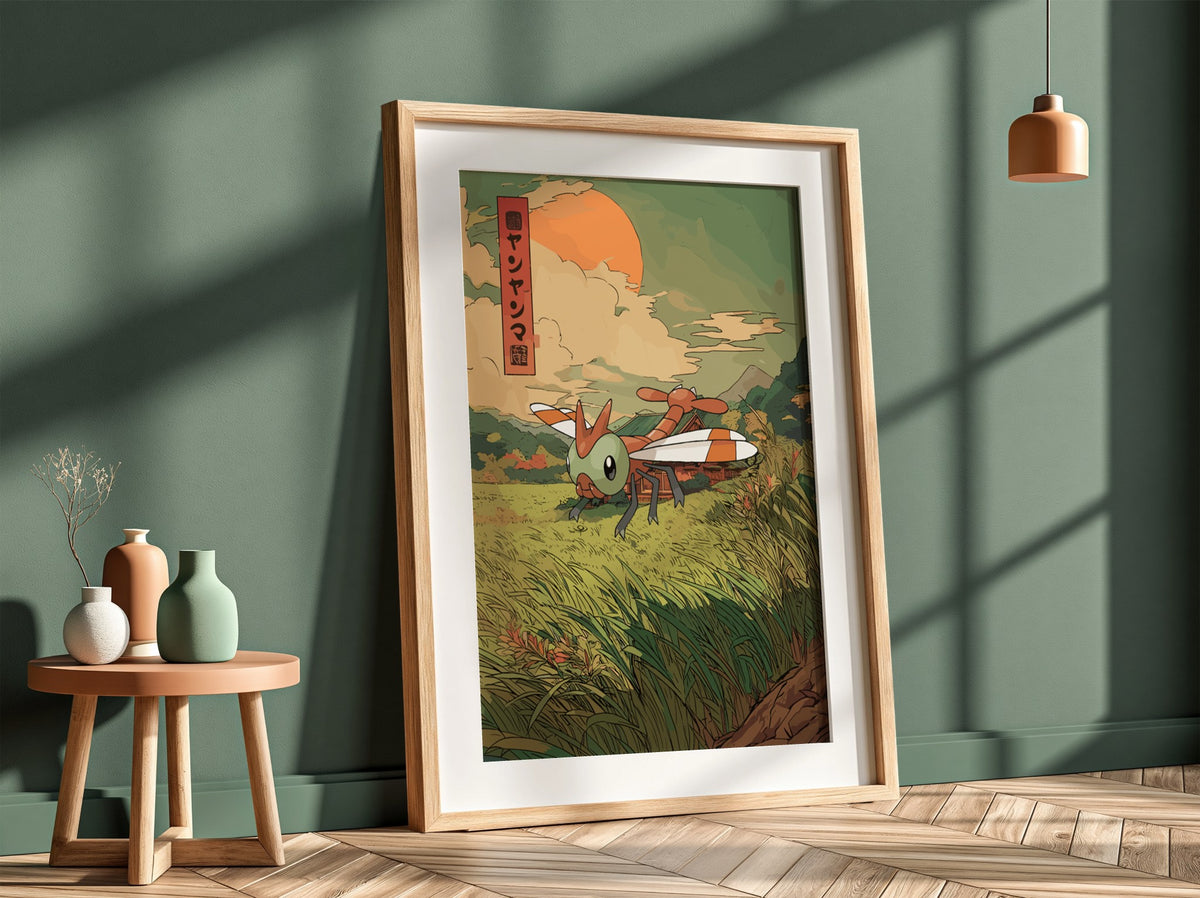 framed wall poster of yanma dragonfly in vintage style with sunset background and green fields