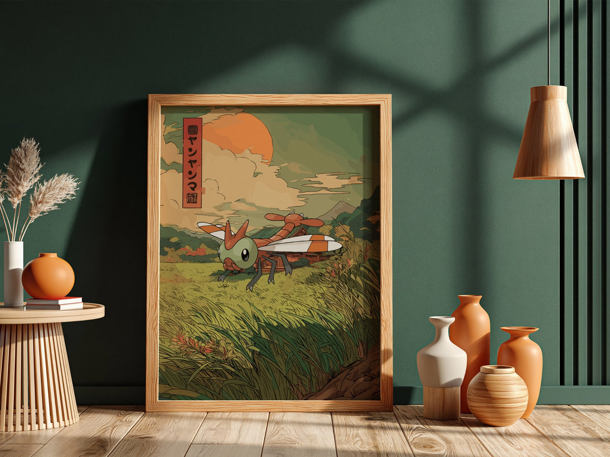 framed wall poster of yanma dragonfly in vintage style with sunset background and green fields