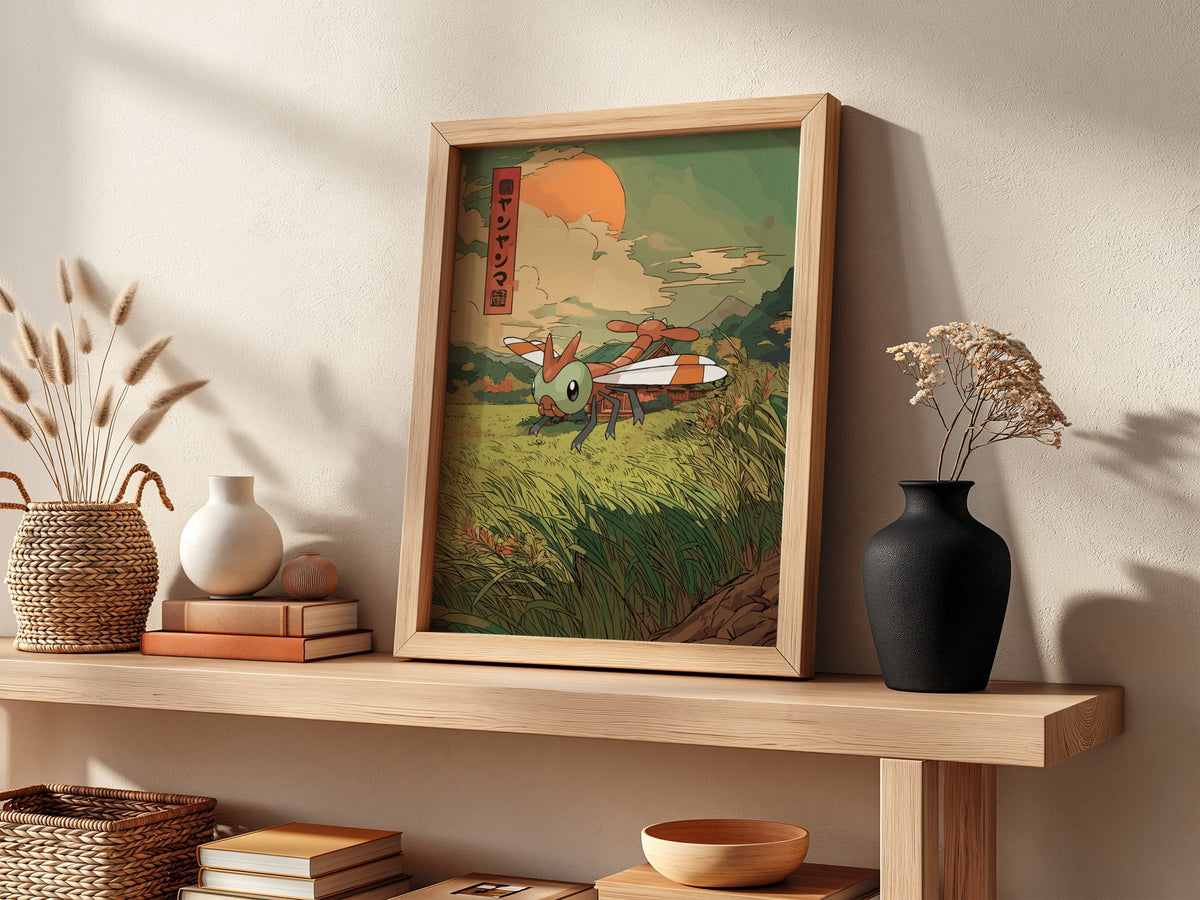 framed wall poster of yanma dragonfly in vintage style with sunset background and green fields