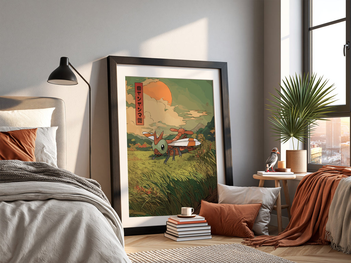 framed wall poster of yanma dragonfly in vintage style with sunset background and green fields