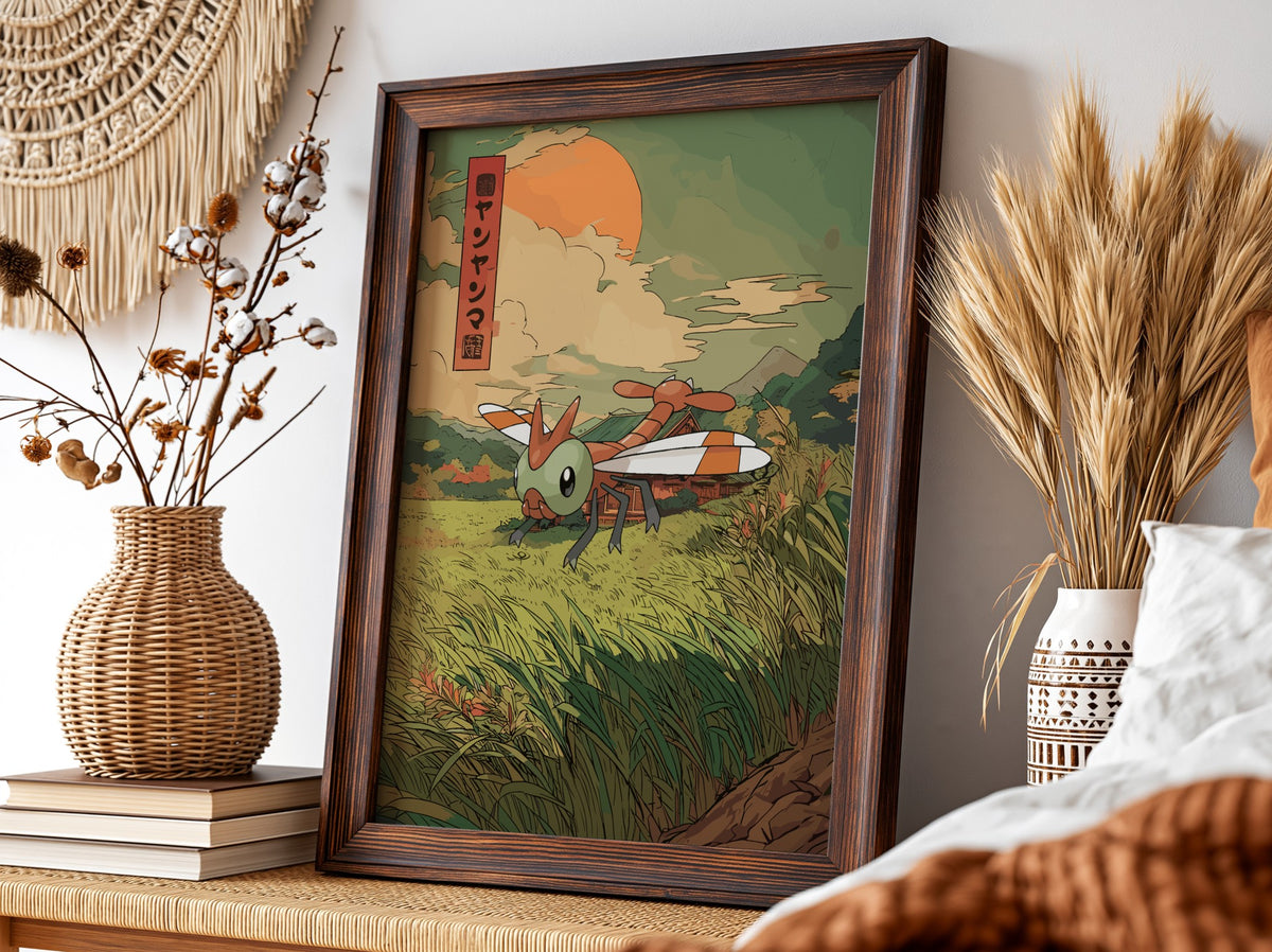 framed wall poster of yanma dragonfly in vintage style with sunset background and green fields