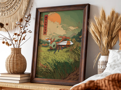 framed wall poster of yanma dragonfly in vintage style with sunset background and green fields