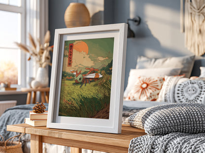 framed wall poster of yanma dragonfly in vintage style with sunset background and green fields