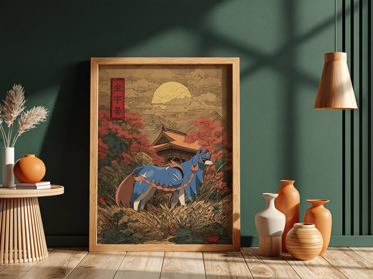 framed wall decor featuring Zacian in blue and brown standing in Japanese landscape with temple, autumn