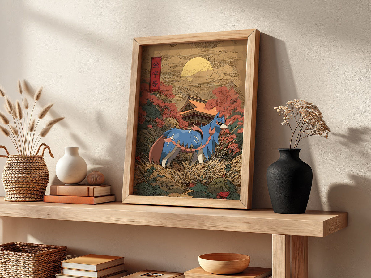 framed wall decor featuring Zacian in blue and brown standing in Japanese landscape with temple, autumn