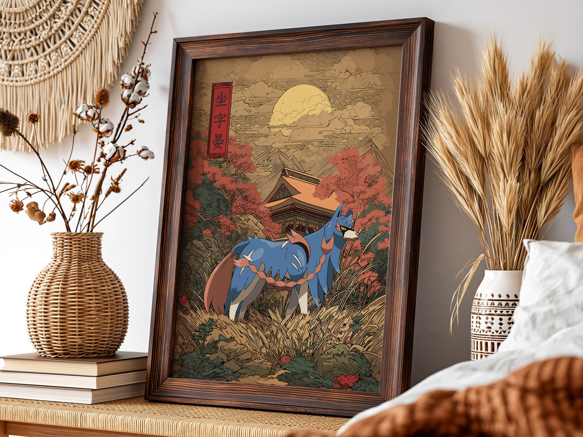 framed wall decor featuring Zacian in blue and brown standing in Japanese landscape with temple, autumn
