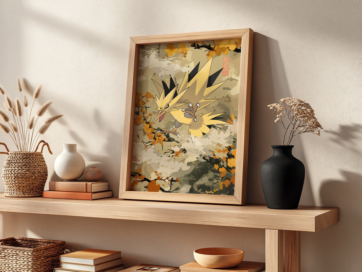 Zapdos electric bird poster with warm yellow and orange vintage style autumn colours